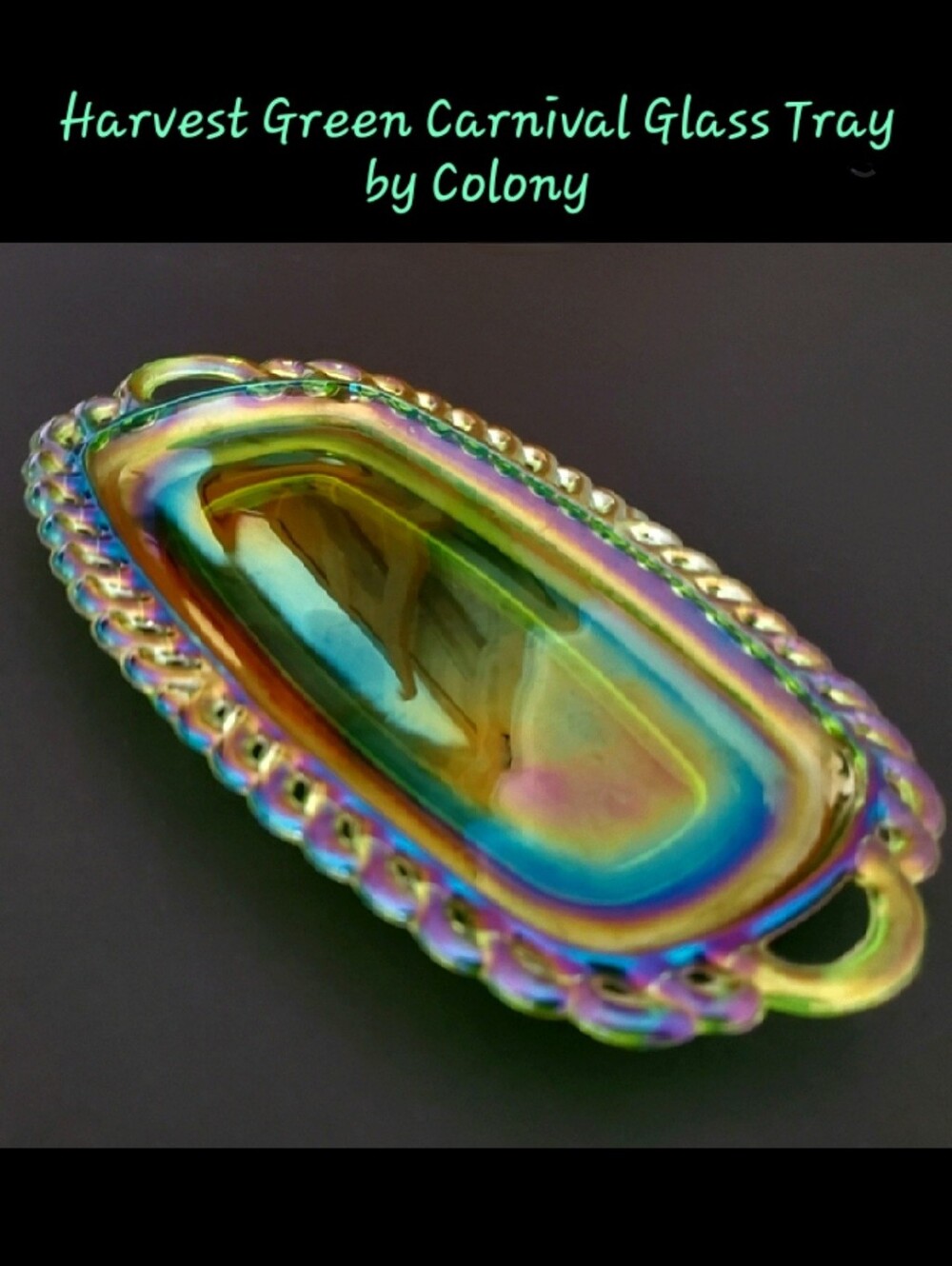 Vntg Harvest Green Carnival Glass Irredescent 8 3/4" Rectangle Tray by Colony